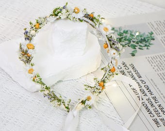 Dried daisy flower wedding crown,Flower girl halo/meadow flower headpiece/white fresh flower crown/rustic wedding floral/photography flower