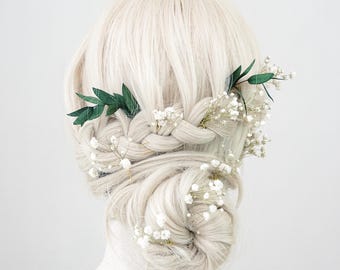 Horquilla de flores secas de gypsophila blanca, juego de horquillas nupciales de paniculata blanca, corona de boda hecha a mano, regalo para ella