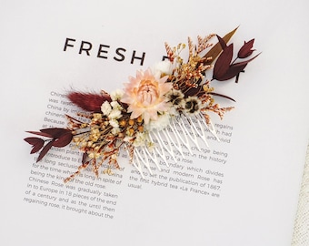 Boho bridal comb,Rust Eucalyptus & daisy Hair Comb, wedding floral comb Set,bridal hair accessories ,gift for her