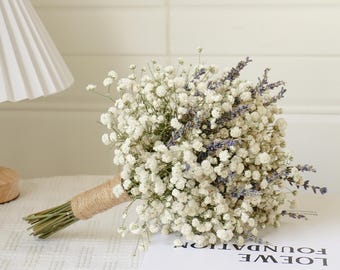 White gypsophila lavender dried flower bouquet, white romantic bridal bouquet, handmade custom wedding bouquet, birthday anniversary gift