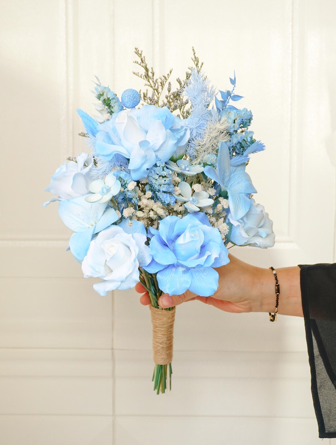 Gradient Blue Rose Lily Dried Flower Bouquet, Handmade Original Wedding ...