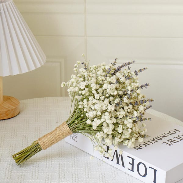 White gypsophila lavender dried flower bouquet, white romantic bridal bouquet, handmade custom wedding bouquet, birthday anniversary gift