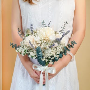 Boho Chic Bridal Bouquet with Magnolia & Eucalyptus,Dried Blue Globe Thistle Wedding Flowers,Rustic Bridesmaid Bouquet for Vintage Weddings