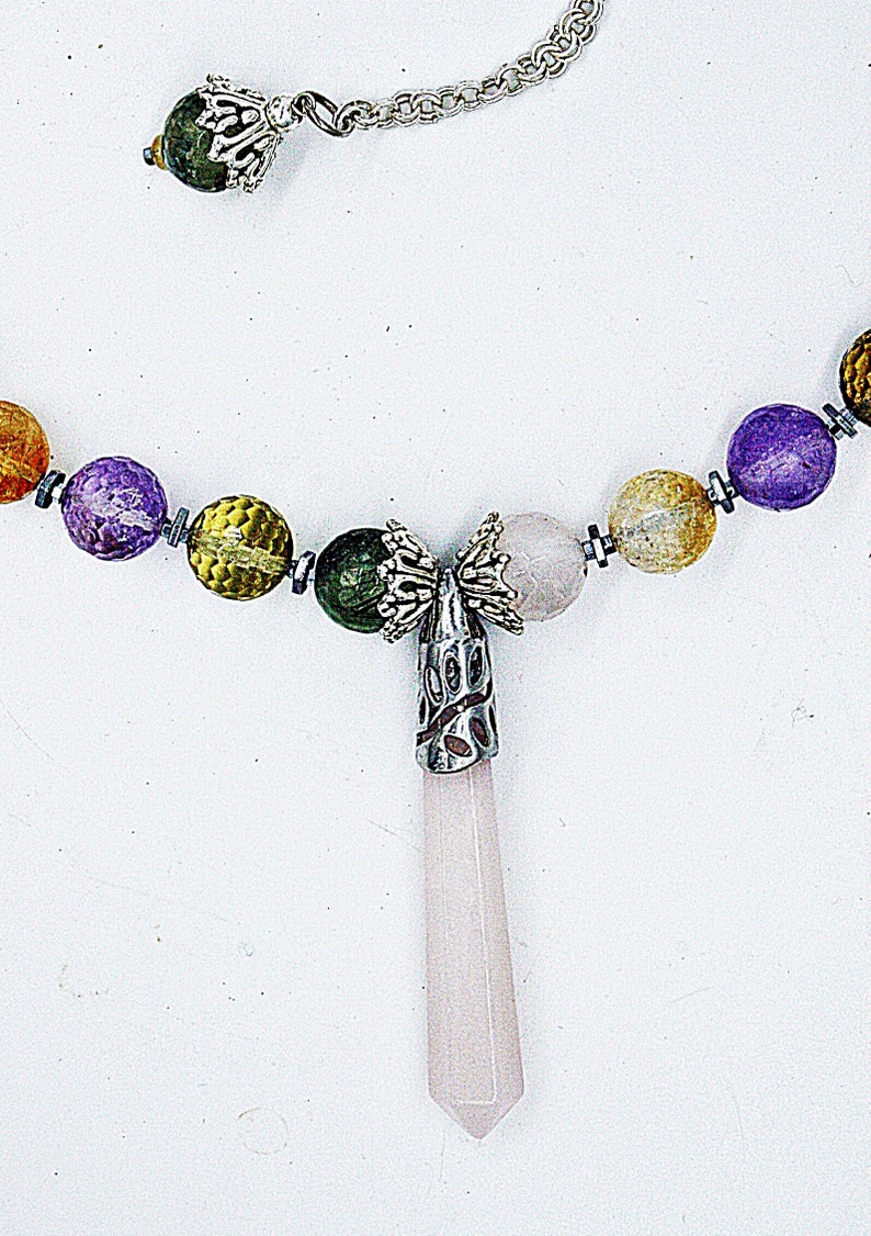 Multi Gemstone Necklace with Rose Quartz Pendant