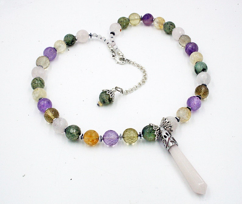Multi Gemstone Necklace with Rose Quartz Pendant