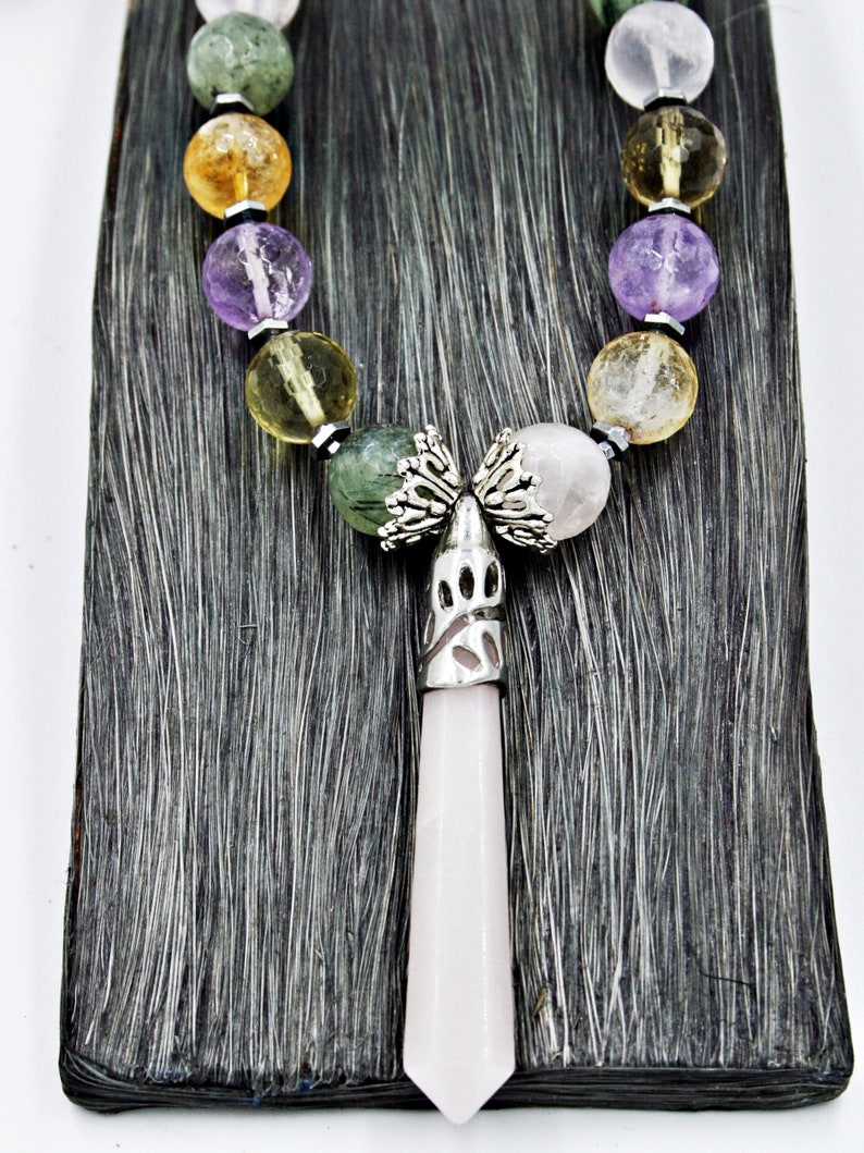 Multi Gemstone Necklace with Rose Quartz Pendant