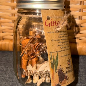 Puede incluir: Un tarro Mason de vidrio transparente lleno de ingredientes secos y una etiqueta que dice "Gina". La etiqueta tiene instrucciones y una pequeña ilustración. El tarro está coronado con una tapa plateada.