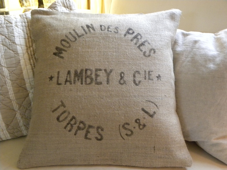 Burlap hessian replica French grain sack pillow cover image 0