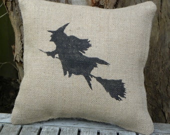 Halloween flying witch on broomstick silhouette burlap accent pillow cushion