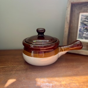 Vintage Bean Pot, Ceramic with Brown Glazed Lid, Tri-Color Kitchen Decor