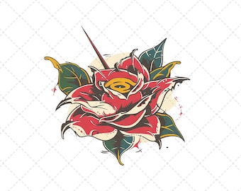 Traditionelle amerikanische Tattoo-Stil Blumendruck - Gewagte rote Rose Wandkunst - Vintage, Blitz-inspirierte Tintenillustration - Tattoo Blitz Dekor