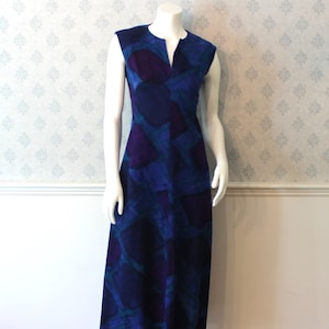 Vintage 1960s to 70s Purple, Fuchsia, Blue and Teal Abstract Printed Long Sleeveless Dress image 1