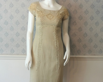 Vintage Beige Linen and Appliquéd Lace 1950s to 60s Rita Thornton Pencil or Wiggle Dress