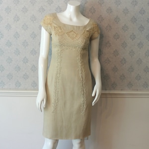 Vintage Beige Linen and Appliquéd Lace 1950s to 60s Rita Thornton Pencil or Wiggle Dress image 1