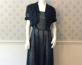 Vintage 1950s Blue & Black Sheer Floral Cotton Long Short Sleeve Dress with Matching Cropped Jacket