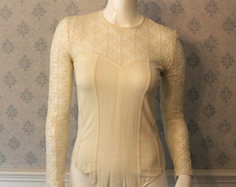 Vintage 1990s Escada Ivory Sequin Snowflake Sheer and Cotton Long Sleeve Bodysuit