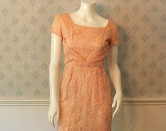 Vintage 1960s Jefri Peachy Pink Floral Overlay Short Sleeve Wiggle Dress