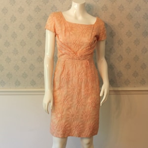 Vintage 1960s Jefri Peachy Pink Floral Overlay Short Sleeve Wiggle Dress image 1