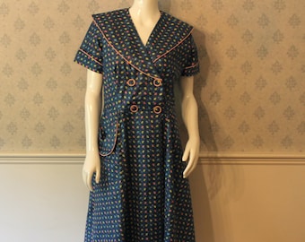 Vintage Mid Century 1950s Novelty Print Blue, Yellow and Pink County Fair Originals House Dress