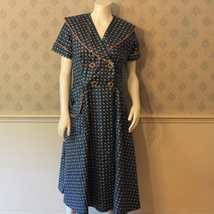 Vintage Mid Century 1950s Novelty Print Blue, Yellow and Pink County Fair Originals House Dress image 1