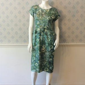 Vintage 1950s Blue and Green Abstract Floral Peplum Short Sleeve Wiggle Dress image 1