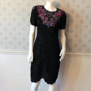 Vintage 1980s Leslie Fay Evenings Black, Pink and Purple Silk Beaded Cocktail Dress Size 10