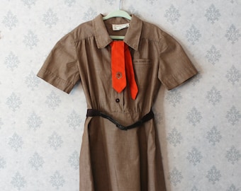 Vintage 1950s to 1960s Girl Scouts of America Brownie's Cotton Girl's Belted Dress with Neck Tie and Hat