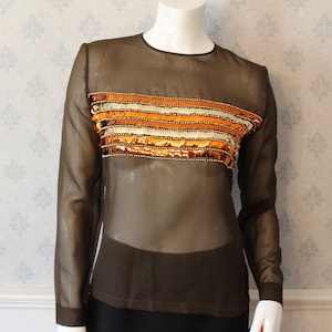 Vintage 1970s Brown Sheer Orange and Gold Sequin Long Sleeve Top image 1