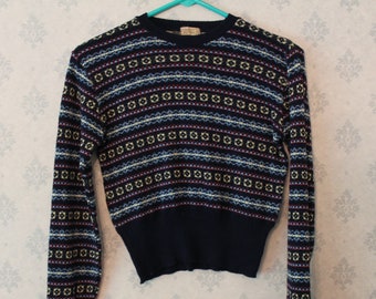 Vintage Child's Kempton Knitwear English 100% Virgin Wool Navy & Light Blue, Yellow and Red Patterned Sweater Size 32