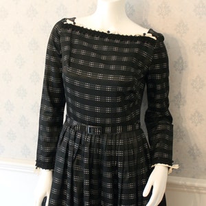 Vintage 1950s Black and White Checkered Long Sleeve Swing Skirt Dress with Red Tulle Petticoat image 1