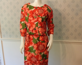Vintage 1950s to 1960s Red, Pink & Green Bright Floral Print Silk Matching Pencil Dress and Short