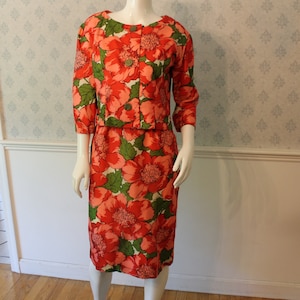 Vintage 1950s to 1960s Red, Pink & Green Bright Floral Print Silk Matching Pencil Dress and Short image 1
