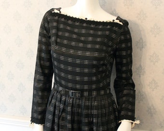 Vintage 1950s Black and White Checkered Long Sleeve Swing Skirt Dress with Red Tulle Petticoat