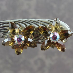 Vintage Topaz and Clear AB Crystal Rhinestone Open Back Gold Tone Star or Flower Clip On Earrings image 2