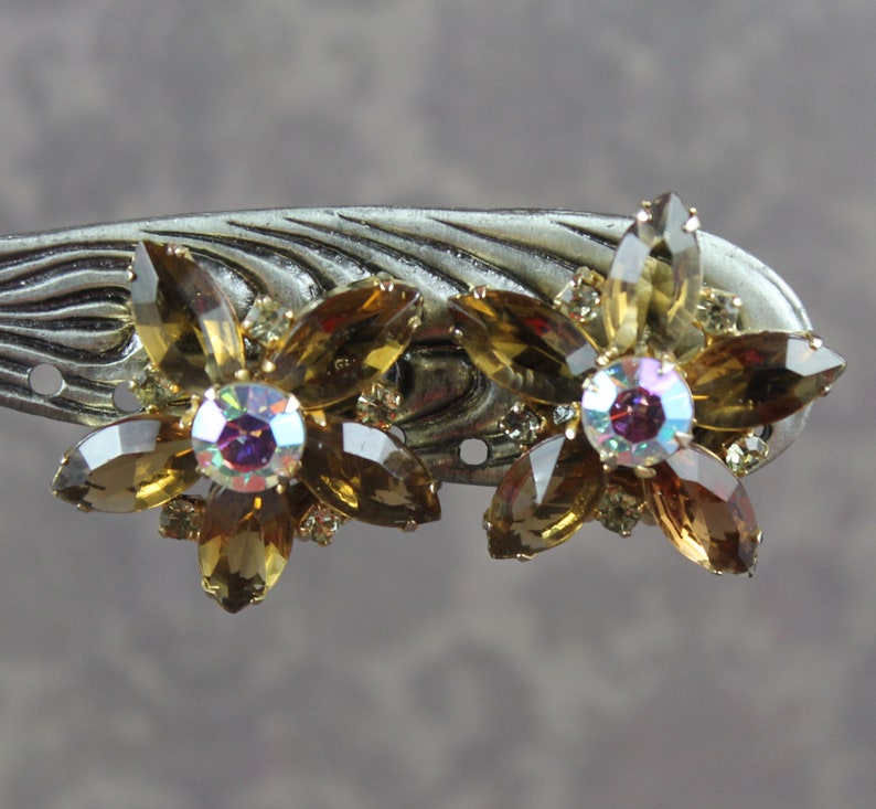 Vintage Topaz and Clear AB Crystal Rhinestone Open Back Gold Tone Star or Flower Clip On Earrings image 2