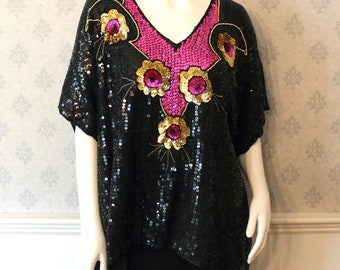 Vintage 1990s Sparkly Black, Gold and Pink Sequin and Beaded Short Sleeve Women's Top