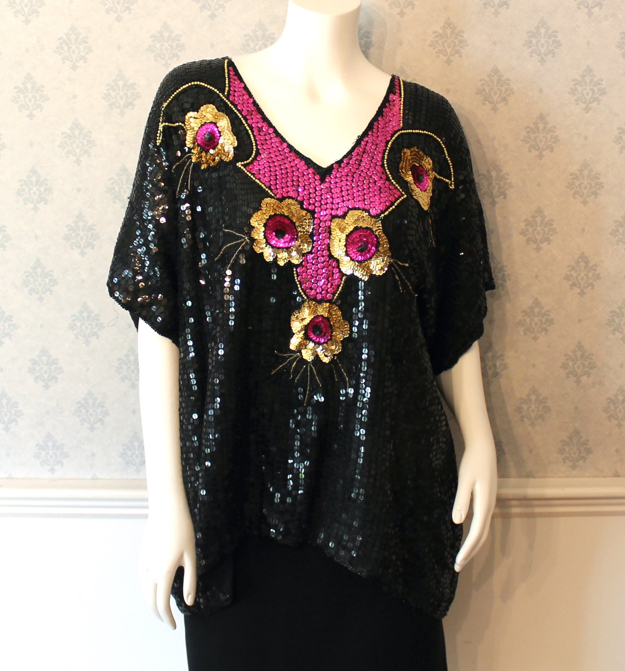 Vintage 1990s Sparkly Black, Gold and Pink Sequin and Beaded