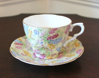 Queen's Fine Bone China Sophie Chintz Yellow Teacup & Saucer 4 Oz