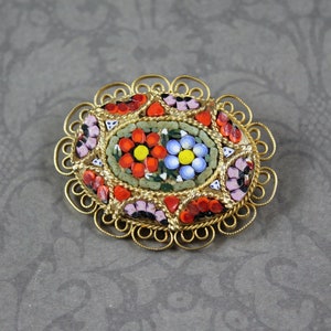 Vintage Italian Millefiori Mosaic White and Pink Floral Gold 