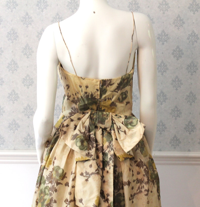 Vintage 1950s to 1960s Rita Thornton Yellow and Green Floral Silk Spaghetti Strap Evening Gown or Dress image 6