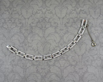 Vintage Art Deco Rhinestone Filigree Silver Tone Rectangular Linked Bracelet