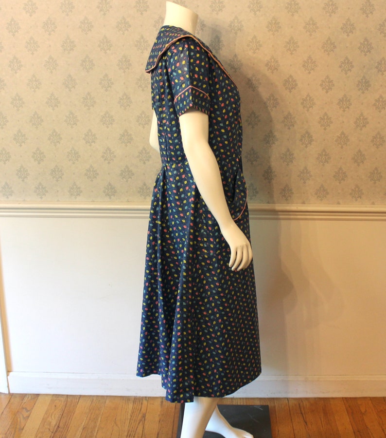 Vintage Mid Century 1950s Novelty Print Blue, Yellow and Pink County Fair Originals House Dress image 5