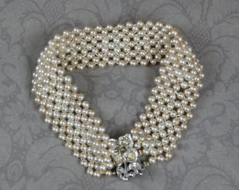 Vintage Woven Faux Pearl Silver Rhinestone Floral Clasp Bracelet