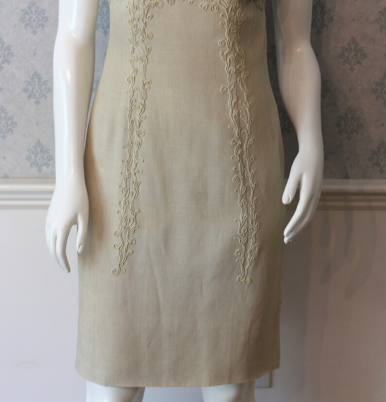 Vintage Beige Linen and Appliquéd Lace 1950s to 60s Rita Thornton Pencil or Wiggle Dress image 5