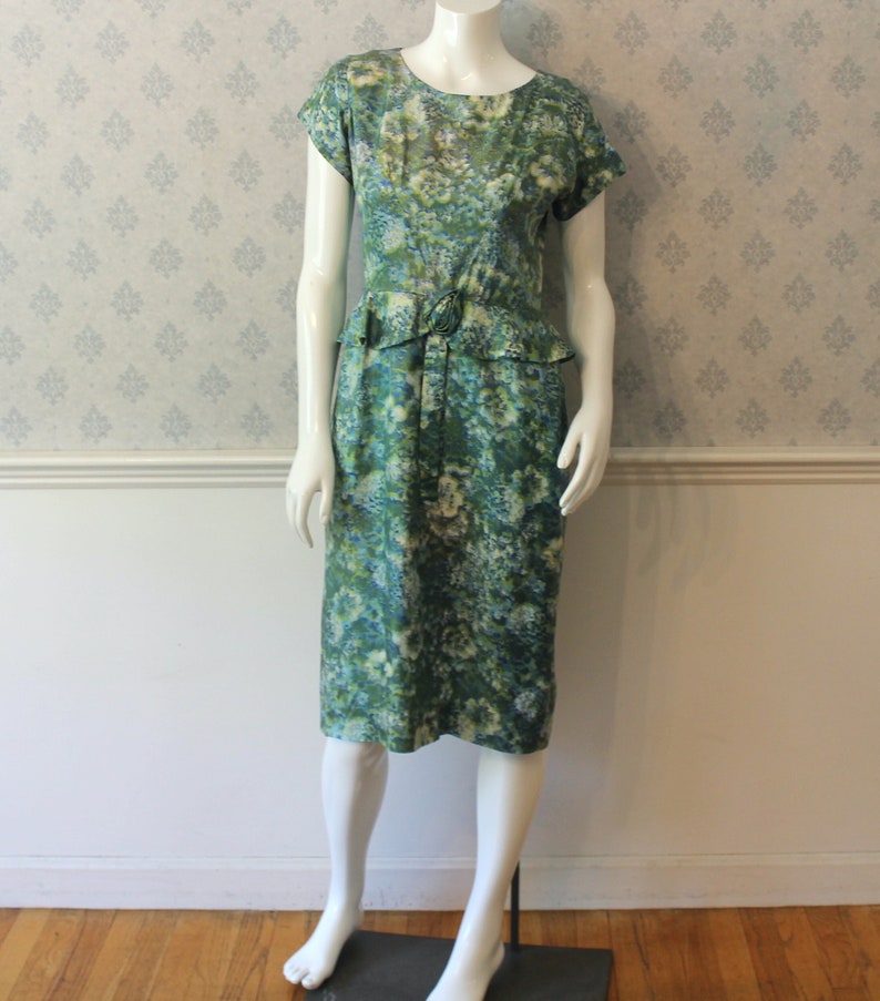 Vintage 1950s Blue and Green Abstract Floral Peplum Short Sleeve Wiggle Dress image 1