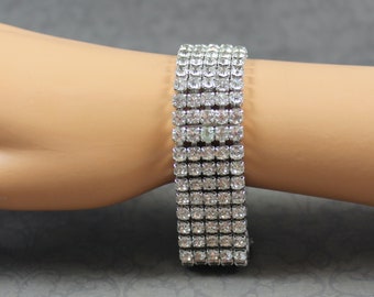 Vintage Clear Rhinestone Multi Row Silver Tone Bracelet