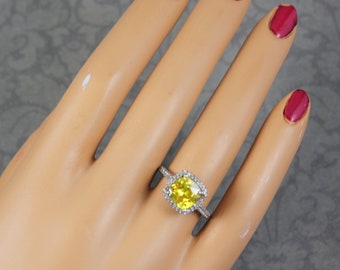 Vintage Yellow and Clear Rhinestone Square Sterling Silver Ring Size 5.75