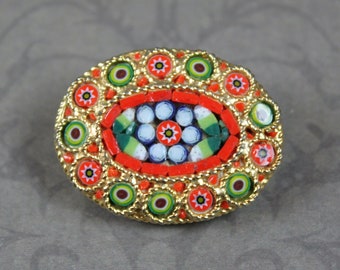 Vintage Italian Mosaic Millefiori Orange, Green, Blue, White and Gold Small Oval Brooch