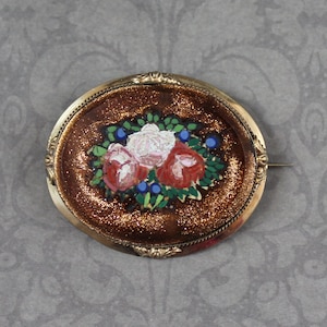 Antique Victorian 1800s Oval Goldstone Floral Mosaic Gold Filled Brooch image 1