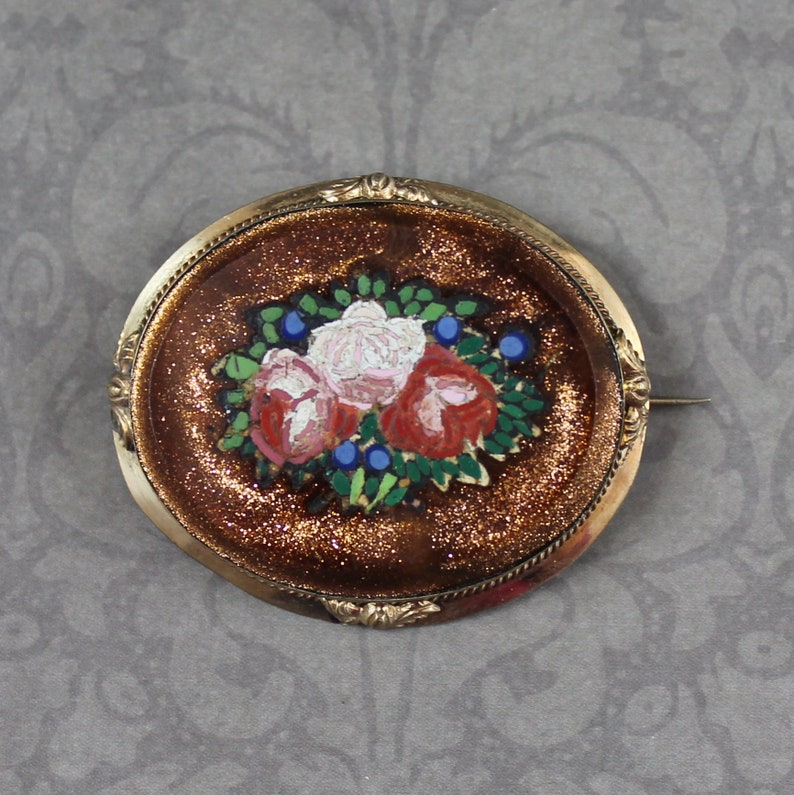 Antique Victorian 1800s Oval Goldstone Floral Mosaic Gold Filled Brooch image 1